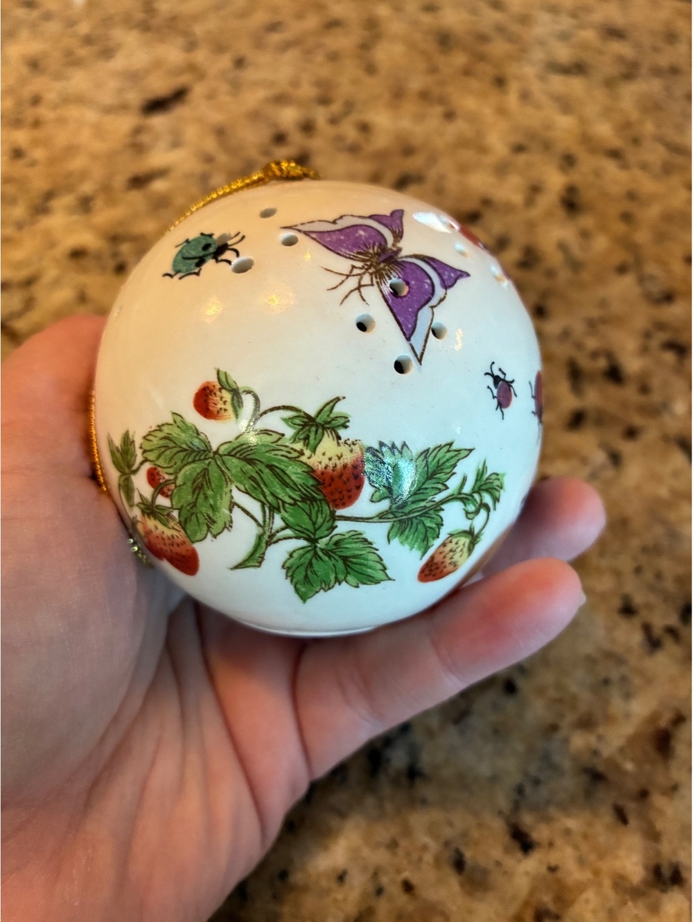 Vintage Ceramic Potpourri Pomander Ball Ornament Strawberry Butterfly Ladybug